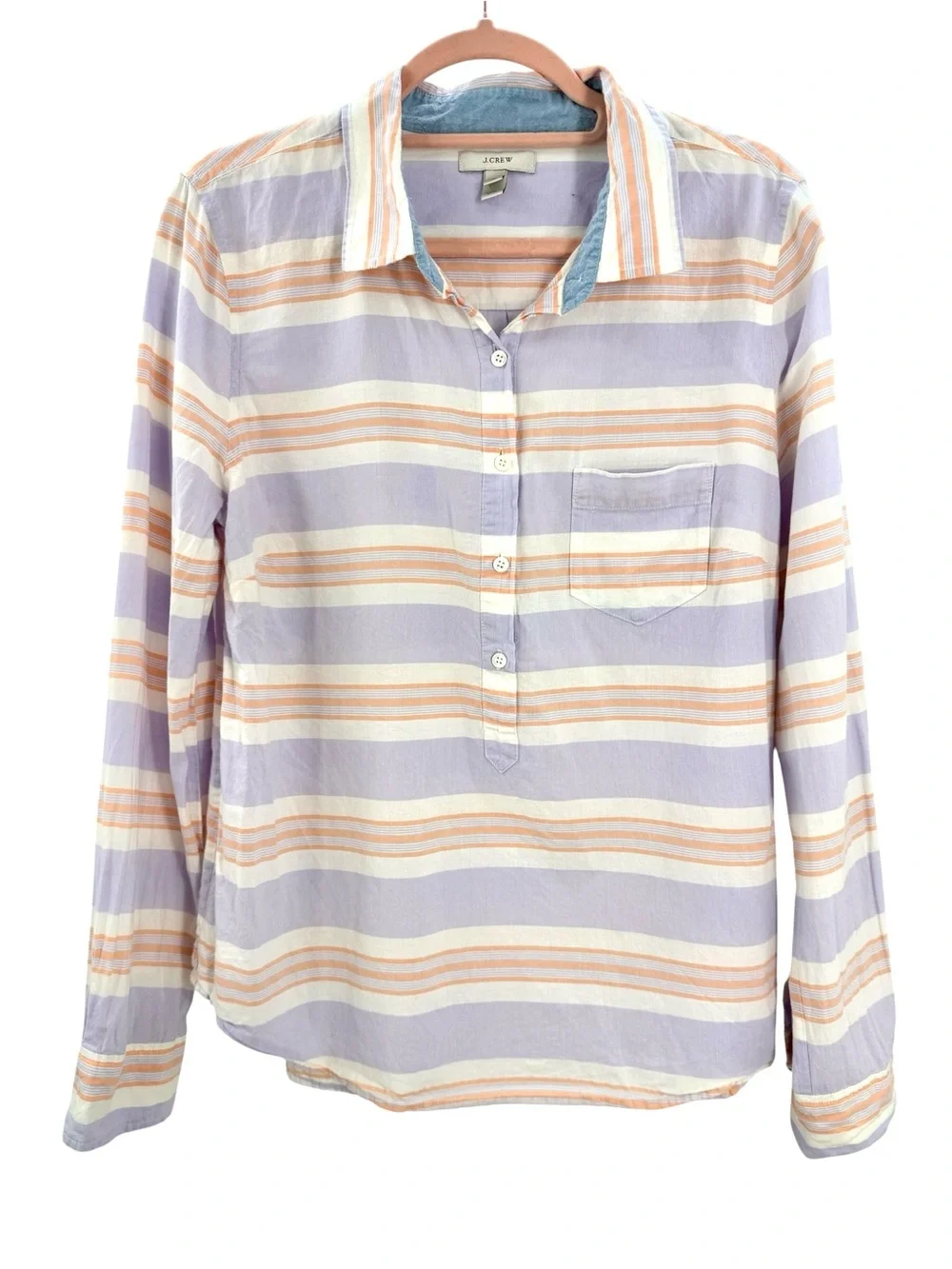 J.Crew Size 12 Striped Popover Shirt Lavender Orange Cotton Button Down